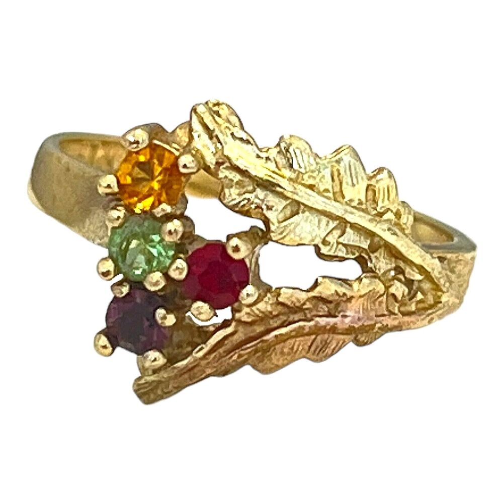 Vintage 1960s Gemstone Cluster Ring Leaf Design Gold Tone Size 6 - 5T